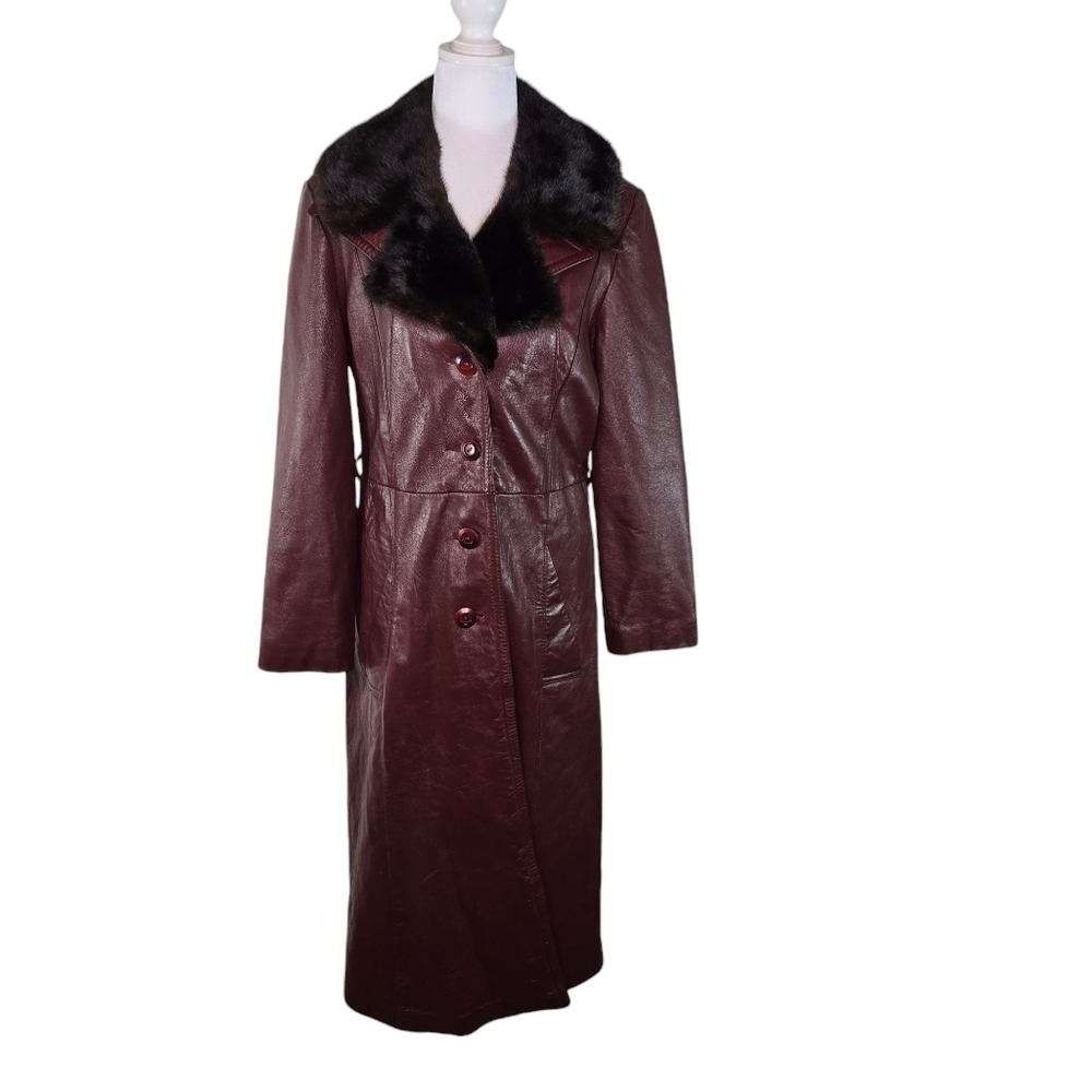 Vtg 70s Oxblood Burgundy Leather Real Fur Collar Penny Lane Trench Coat